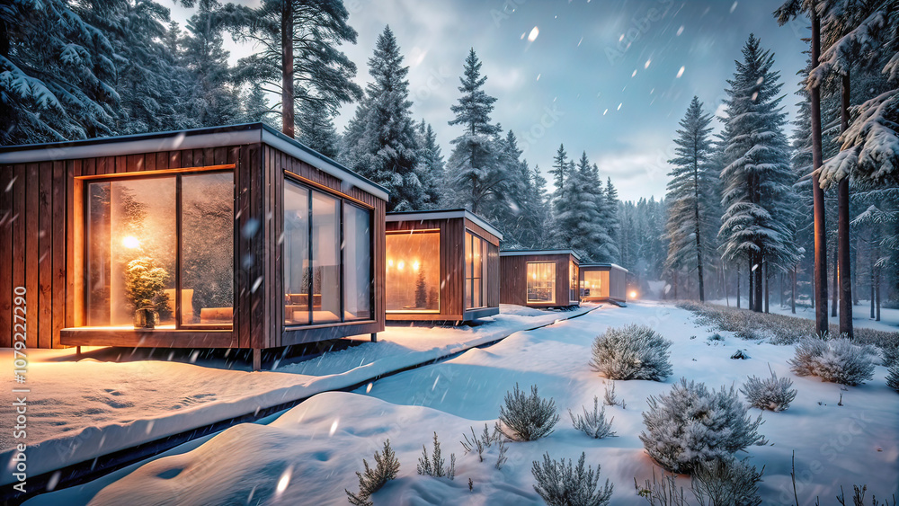eco-friendly cabins in the forest surrounded by trees in winter, Snowy landscape, pine forest at Christmas, camping in the forest eco-friendly cabins in the forest surrounded by trees in winter, Snowy landscape, pine forest at Christmas, camping in the forest