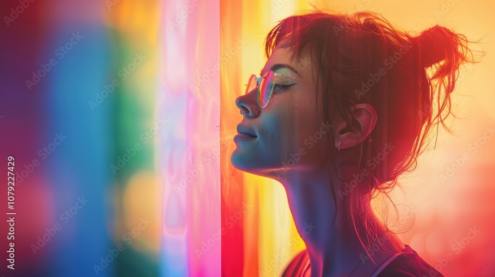 Surrounded by a spectrum of backgrounds, a proud LGBTQ individual's confident expression symbolizes their pride and empowerment Surrounded by a spectrum of backgrounds, a proud LGBTQ individual's confident expression symbolizes their pride and empowerment