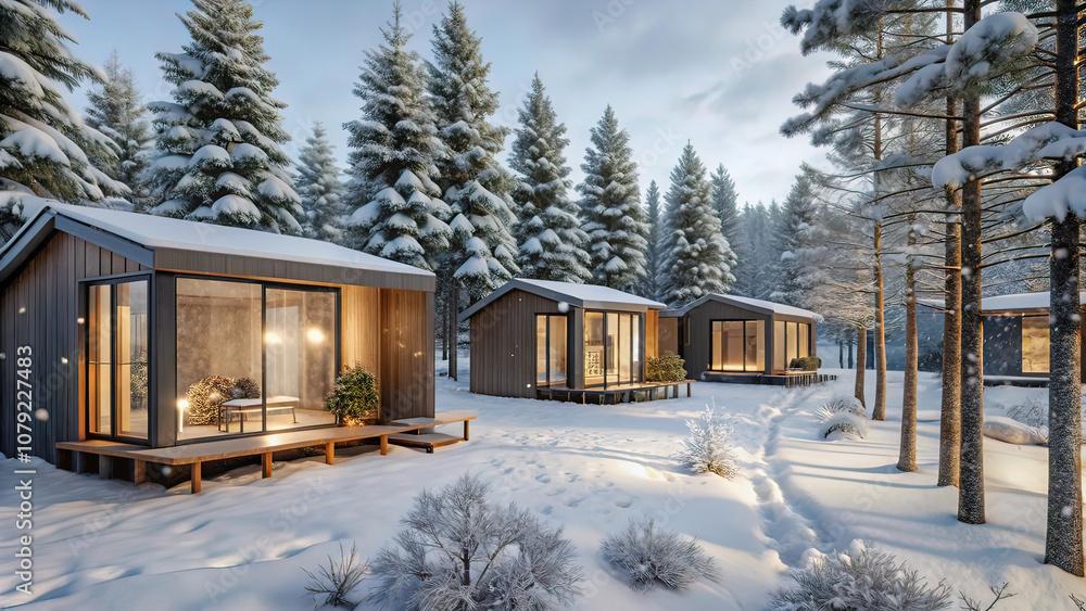 eco-friendly cabins in the forest surrounded by trees in winter, Snowy landscape, pine forest at Christmas, camping in the forest eco-friendly cabins in the forest surrounded by trees in winter, Snowy landscape, pine forest at Christmas, camping in the forest