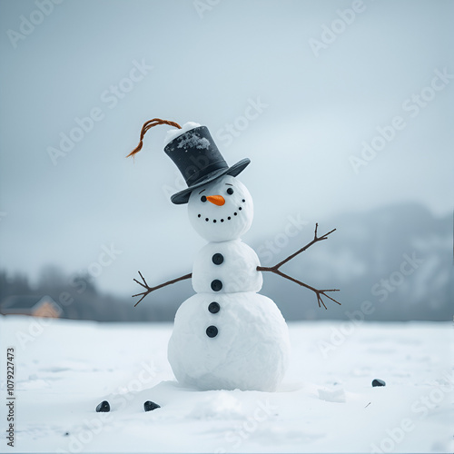 Snowman with his hat blowing off in a gust of wind, standing alone in an empty snowy field, his stick arms drooping and coal buttons scattered photo