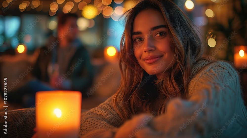 Young woman smiles at the camera in a dimly lit restaurant. Young woman smiles at the camera in a dimly lit restaurant.