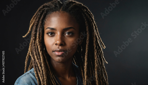 A woman with long dreadlocks looks directly at the camera in a studio portrait