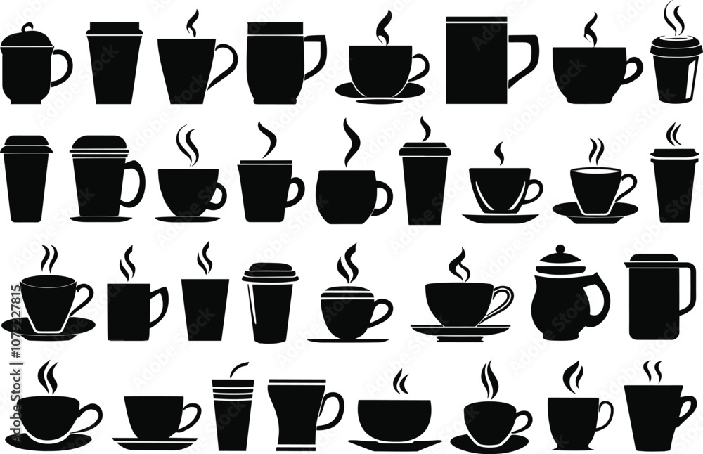 Fototapeta premium Coffee mug silhouettes set. Silhouettes of coffee mugs vector illustration.