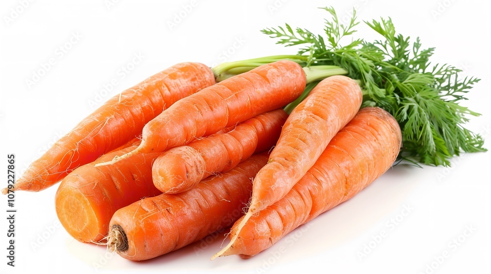 An intricate photograph of a bunch of fresh carrots stands out against a white background, Generative AI. An intricate photograph of a bunch of fresh carrots stands out against a white background, Generative AI.