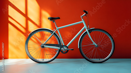 A white bicycle against an orange background, presented in a minimalist and modern style, emphasizing simplicity and elegance. The contrast between the vibrant orange and the clean white bike creates 