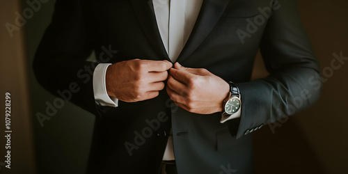 Man adjusting his black suit on dark background, perfect for business or formal event. high quality image