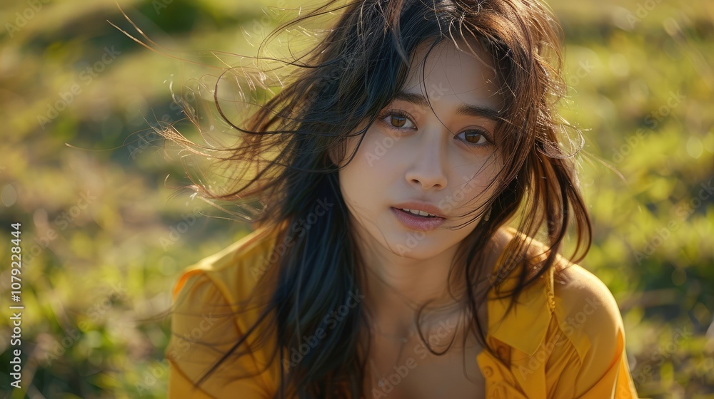 Young woman with long dark hair looking at the camera with a field of grass in the background. Young woman with long dark hair looking at the camera with a field of grass in the background.