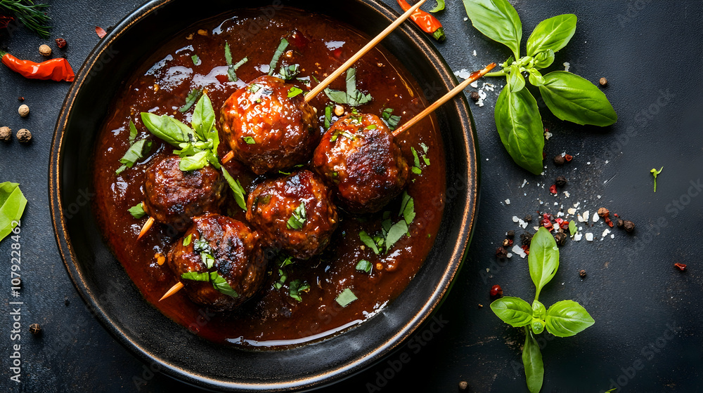 Meatballs Skewered with Rich Savory Sauce in a Traditional Bowl. 4k image Meatballs Skewered with Rich Savory Sauce in a Traditional Bowl. 4k image