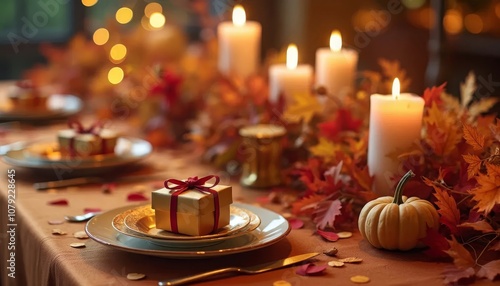 Autumn Celebration Table Setting with Candles, Leaves, and Gift Boxes