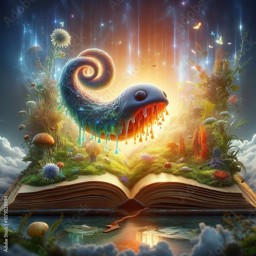 A vibrant, fantastical scene of a surreal creature emerging from an open book, blending nature, fantasy, and otherworldly magic together photo