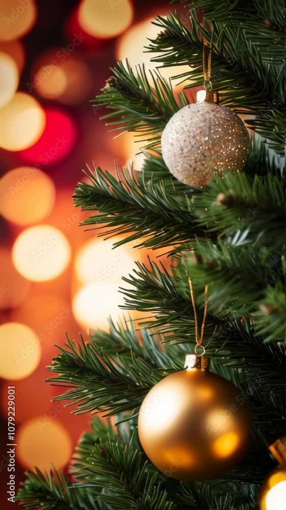 Christmas ornaments hanging from a christmas tree branch create a festive atmosphere with warm bokeh lights in the background Christmas ornaments hanging from a christmas tree branch create a festive atmosphere with warm bokeh lights in the background