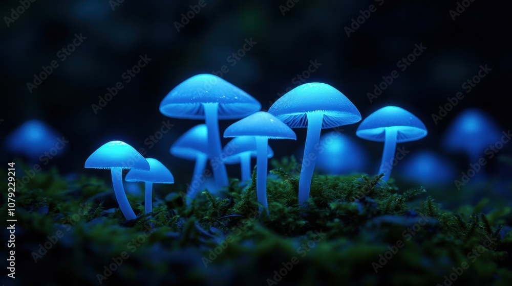 Fototapeta premium Illuminated mushroom growth enchanted forest nature photography dark environment close-up view bioluminescence concept