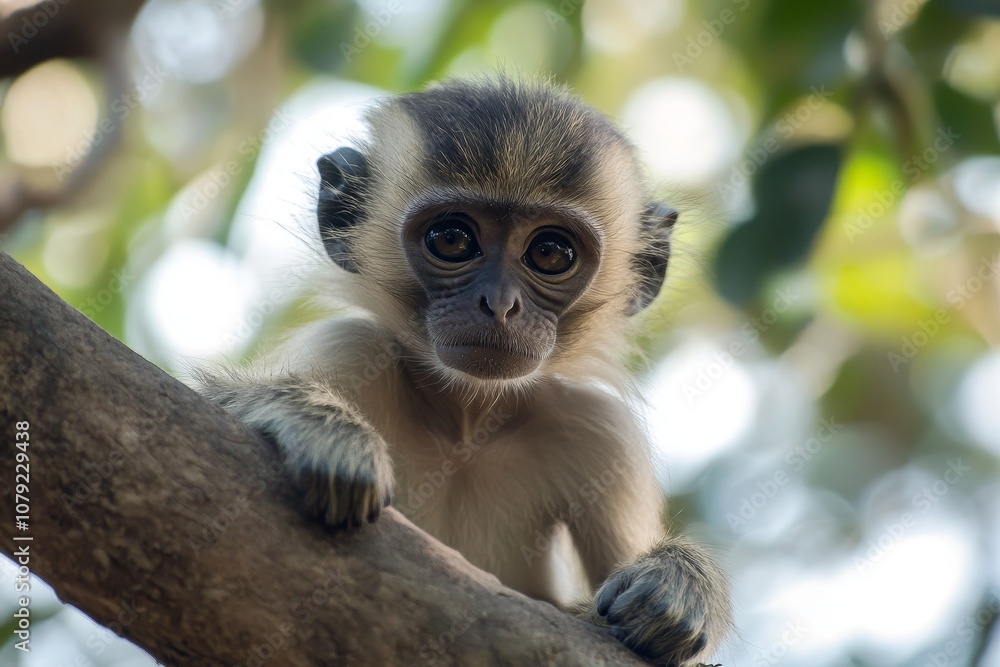 Fototapeta premium A cute baby monkey perched on the branch of a tree, with big curious eyes looking at the camera, soft-focus background.