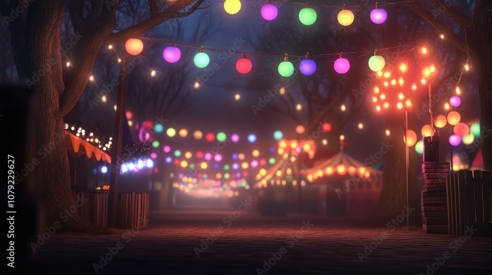 Festival lights illuminating a charming carnival pathway at night vibrant atmosphere warm glow Festival lights illuminating a charming carnival pathway at night vibrant atmosphere warm glow