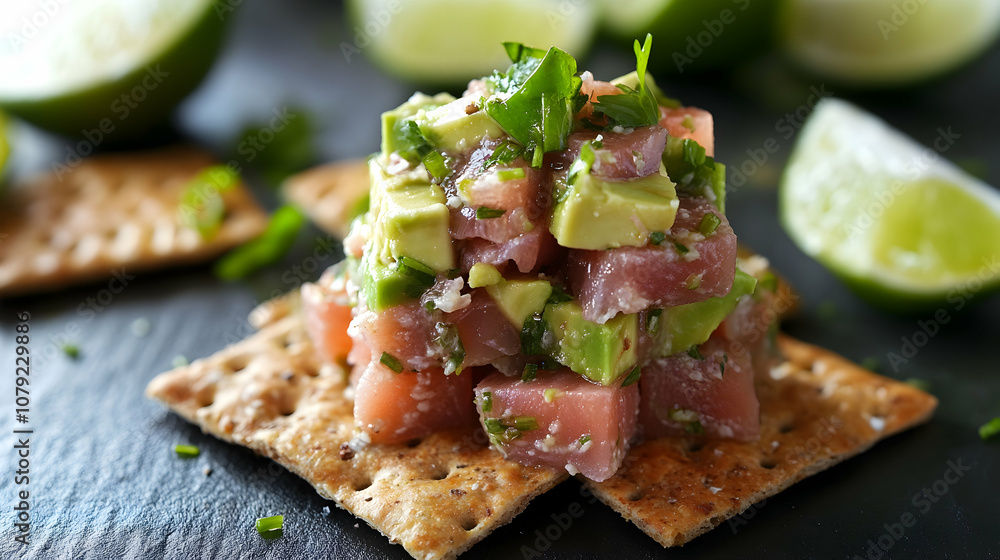 Raw Tuna and Avocado Tartar with Rye Crackers and Lime . illustration Raw Tuna and Avocado Tartar with Rye Crackers and Lime . illustration