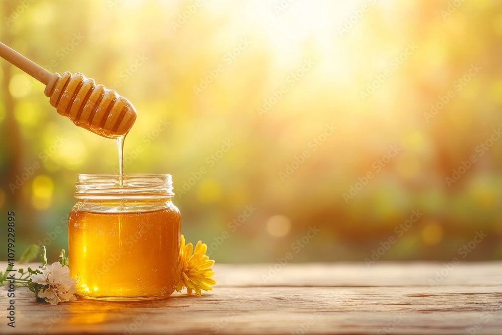 Golden Honey Dripping from Wooden Dipper on Rustic Table Golden Honey Dripping from Wooden Dipper on Rustic Table