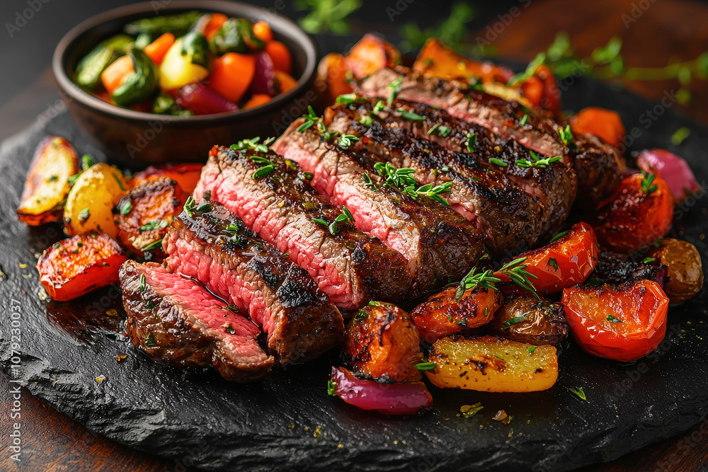 A beautifully cooked steak garnished with fresh herbs, accompanied by colorful roasted vegetables on a slate serving board A beautifully cooked steak garnished with fresh herbs, accompanied by colorful roasted vegetables on a slate serving board
