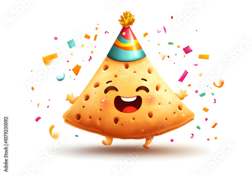 Happy Party Nacho Chips Characters with Confetti Celebration Cartoon Illustration, AI GENERAT  photo