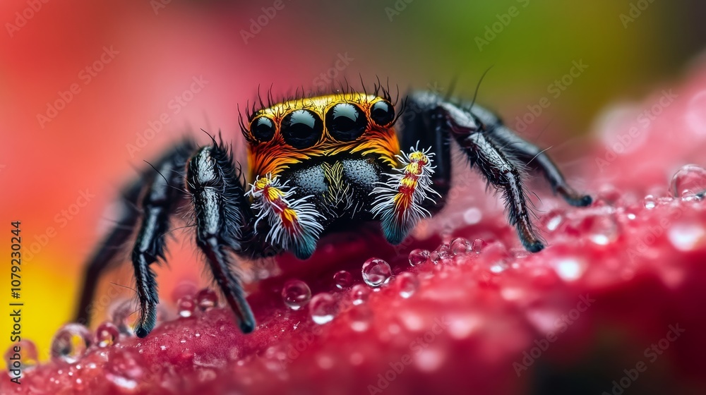 Jumping spider macro close-up with water droplets on pink surface Jumping spider macro close-up with water droplets on pink surface