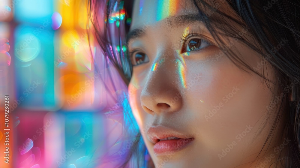 Surrounded by a spectrum of colors, an Asian student's reflective gaze captures the essence of her academic journey Surrounded by a spectrum of colors, an Asian student's reflective gaze captures the essence of her academic journey