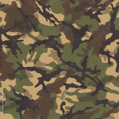 Hand drawn modern abstract halftone camouflage seamless pattern