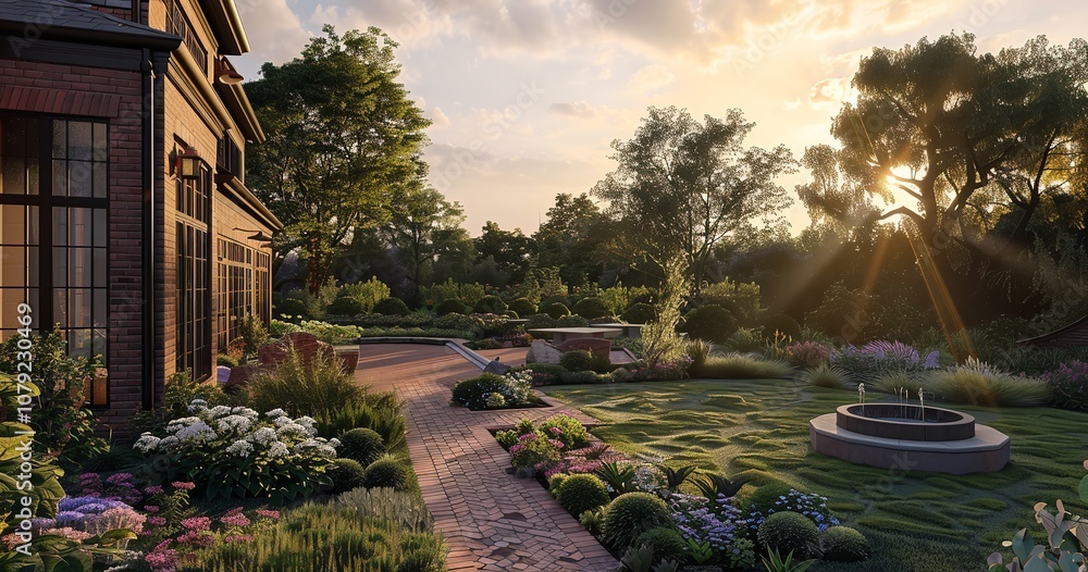 Obraz premium Brick house with a large backyard gardens at dusk, Generative AI.