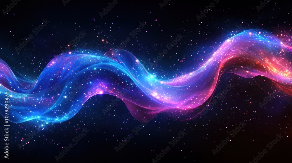 Abstract glowing wave with particles in a dark background.