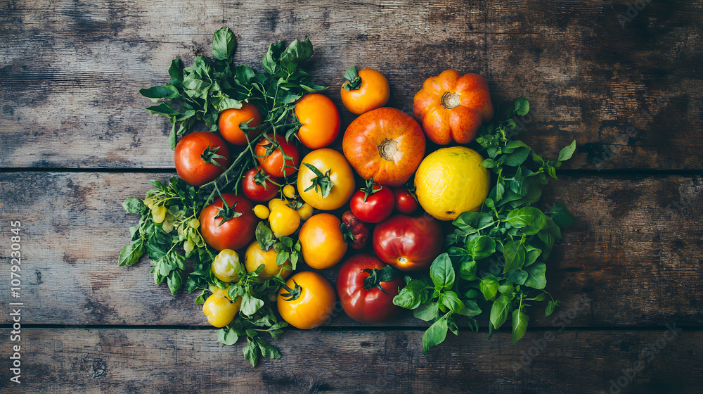 Freshly harvested tomatoes and peppers arranged on rustic wooden table Freshly harvested tomatoes and peppers arranged on rustic wooden table