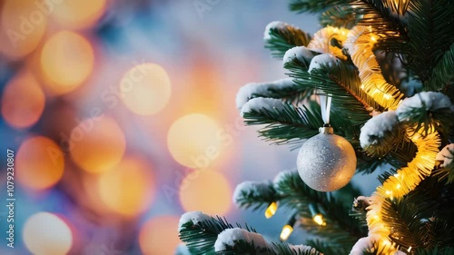 Snowy christmas tree branch decorated with silver ball, string lights and bokeh background creating a magical holiday atmosphere