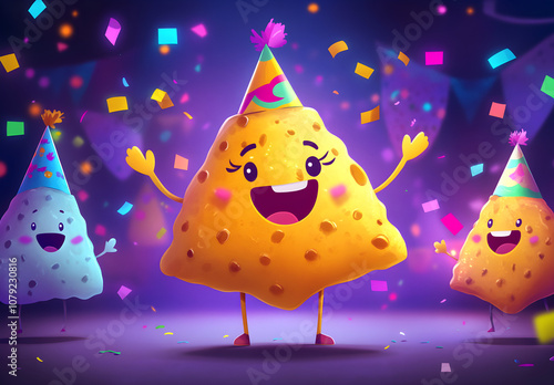 Happy Party Nacho Chips Characters with Confetti Celebration Cartoon Illustration, AI GENERAT  photo