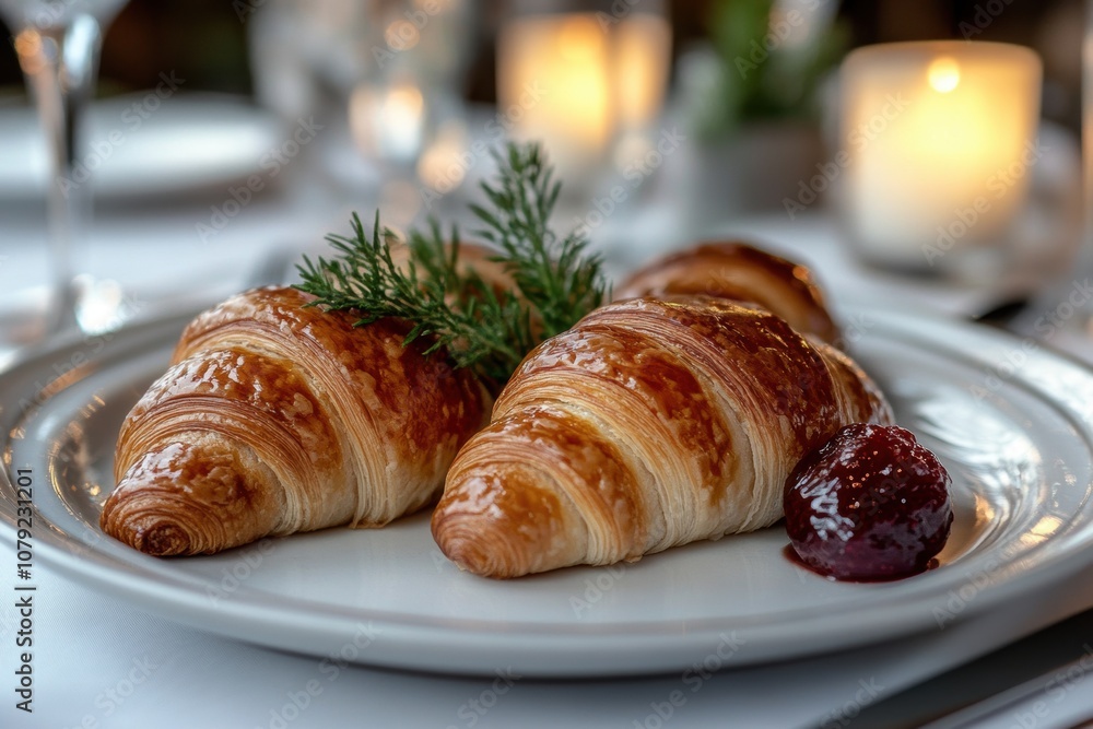 gourmet breakfast display, soft butter croissants with jam, served in an elegant scandinavian restaurant gourmet breakfast display, soft butter croissants with jam, served in an elegant scandinavian restaurant