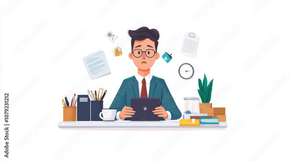 Focused man working at a desk with tablet. Focused man working at a desk with tablet.