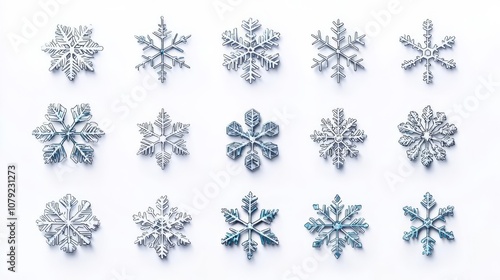 Collection of unique snowflakes on white background