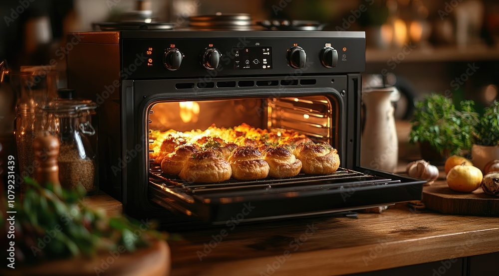 Close-up of a modern oven with baking bread inside. Close-up of a modern oven with baking bread inside.