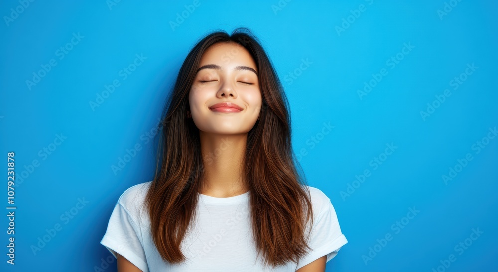 青い背景の前で微笑む女性のポートレート。穏やかな表情とリラックスした雰囲気が印象的です。 青い背景の前で微笑む女性のポートレート。穏やかな表情とリラックスした雰囲気が印象的です。