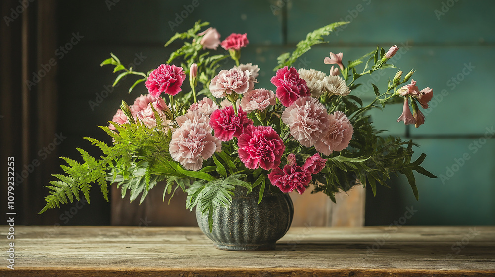 Fototapeta premium Vintage bouquet of carnations and ferns, retro style, wooden table, cozy lighting
