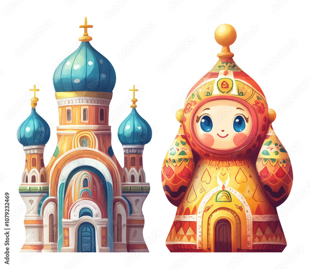 Obraz premium Colorful Traditional Russian Architecture and Doll