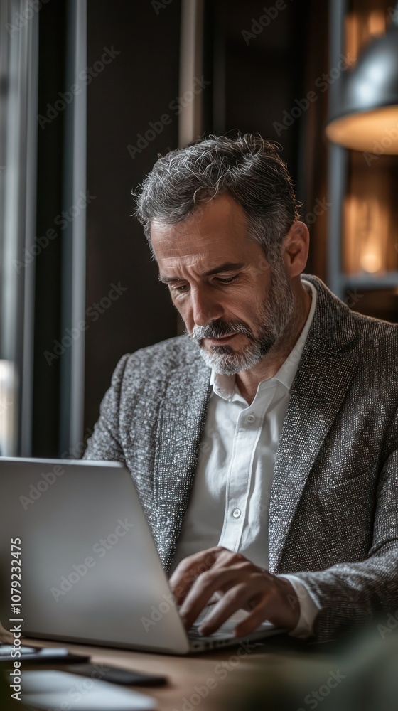 Busy executive working on a laptop in a stylish office. Middle-aged professional focused on financial documents and business strategy Busy executive working on a laptop in a stylish office. Middle-aged professional focused on financial documents and business strategy