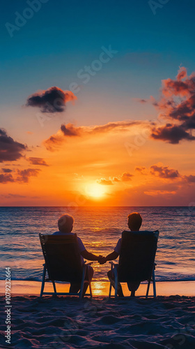 Senior couple enjoying romantic colorful ocean sunset together on the beach holding hands