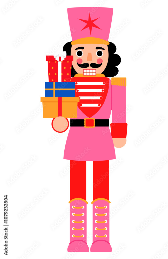 Festive Red and Pink Nutcracker Holding A Stack of Christmas Gift Illustration Festive Red and Pink Nutcracker Holding A Stack of Christmas Gift Illustration