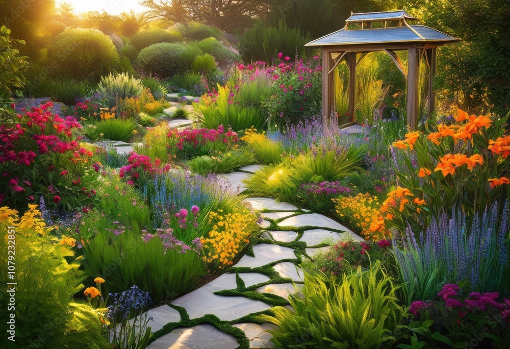 Obraz premium vibrant gardens innovative landscape designs featuring diverse colorful unique elaborate features stunning visual appeal, flowers, plants, trees, shrubs