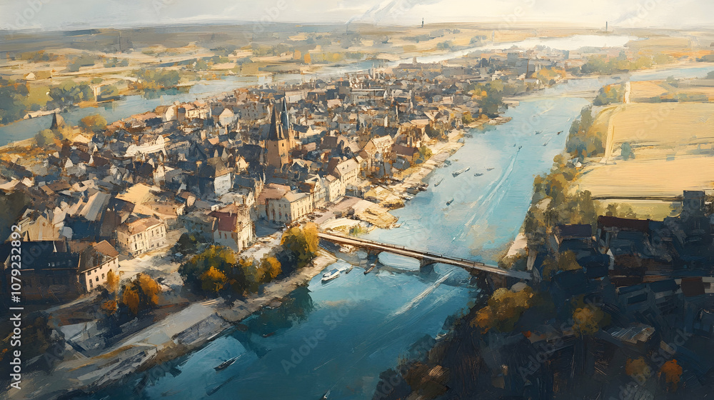 Fototapeta premium A painting of a city with a river running through it, showcasing urban beauty and natural flow. 4k image