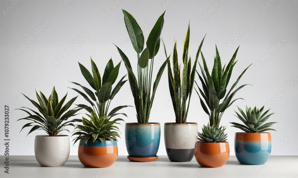 Seven potted plants in colorful planters on a white surface Seven potted plants in colorful planters on a white surface