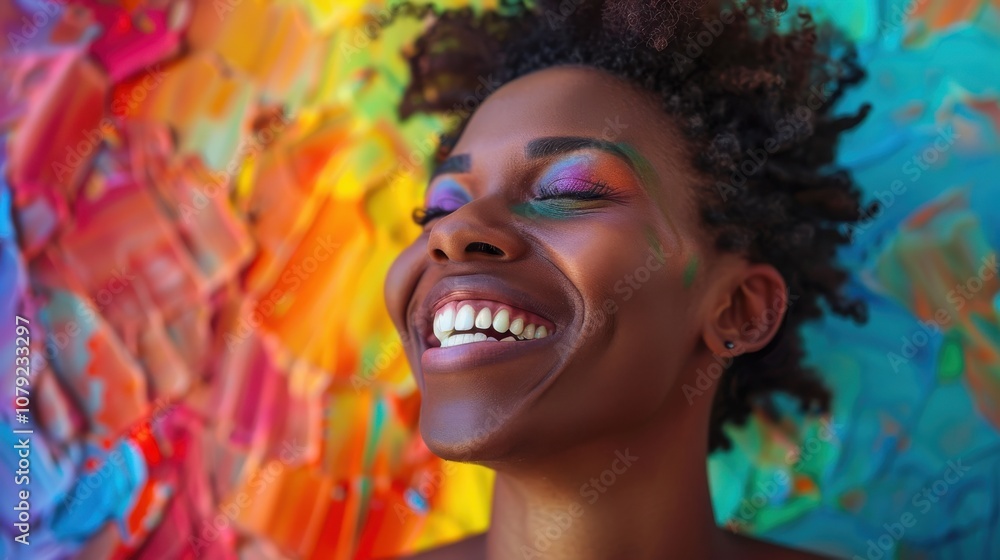 Obraz premium Surrounded by dynamic hues, a resilient LGBTQ scholar's joyful smile embodies their celebration of love and acceptance