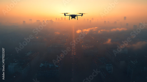 Aerial view of a city skyline with a drone flying ominously above, creating a futuristic and slightly eerie atmosphere. The drone’s presence over the sprawling urban landscape emphasizes the intersect