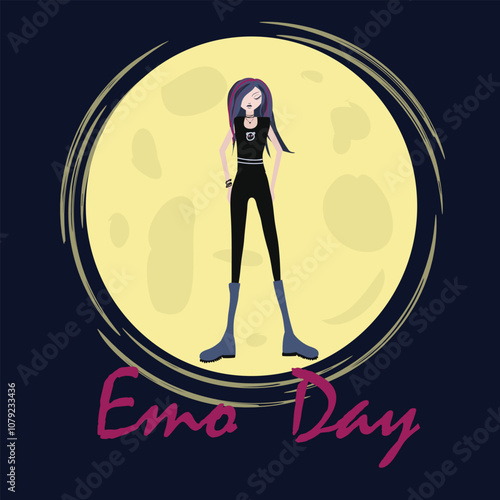 National Emo Day. A vector illustration of an emo goth girl with purple hair, wearing black and blue boots, standing in front of the moon