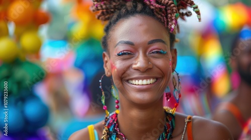 Surrounded by dynamic hues, a resilient LGBTQ scholar's joyful smile embodies their celebration of love and acceptance