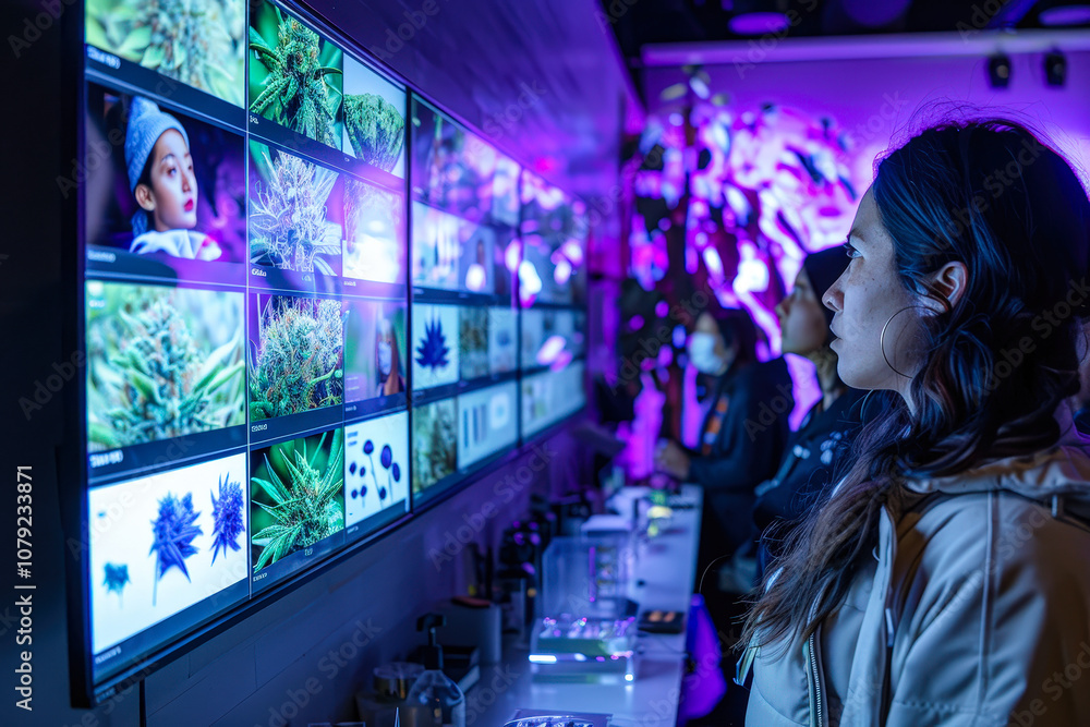 A person examines colorful cannabis images on screens inside a stylish dispensary during the evening A person examines colorful cannabis images on screens inside a stylish dispensary during the evening