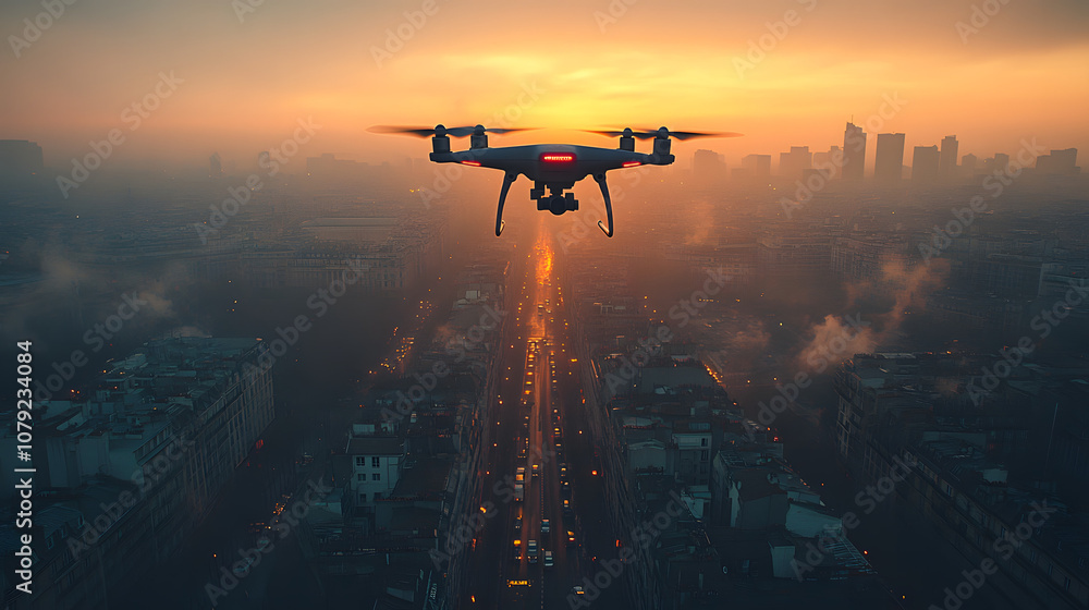 Aerial view of a city skyline with a drone flying ominously above, creating a futuristic and slightly eerie atmosphere. The drone’s presence over the sprawling urban landscape emphasizes the intersect Aerial view of a city skyline with a drone flying ominously above, creating a futuristic and slightly eerie atmosphere. The drone’s presence over the sprawling urban landscape emphasizes the intersect