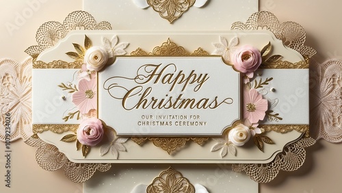 A luxurious card for Christmas ceremony, featuring  design with intricate golden accents and ornate patterns, set against creamy background . At the center “happy Christmas” in a elegant font